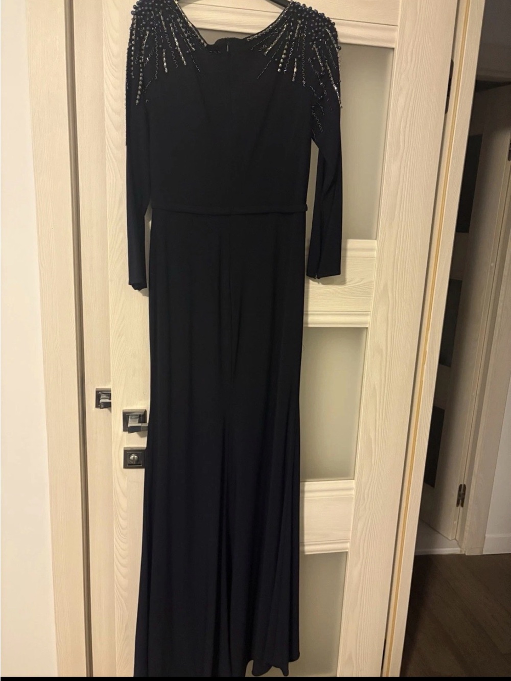 Mac Duggal Black Long-Sleeve Beaded Shoulder Evening Gown